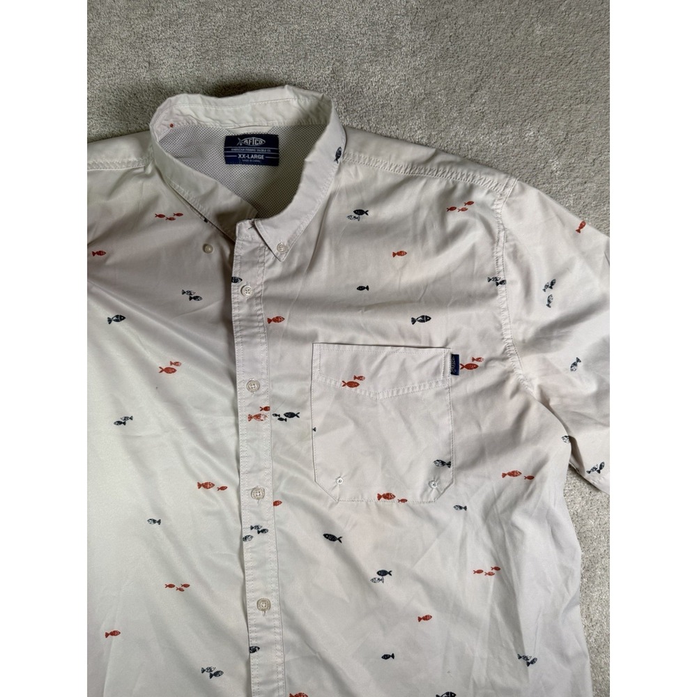 AFTCO Fishing Shirt Men's White/Fish All over 2XL Short Sleeve Button Down UPF